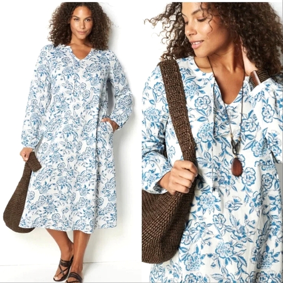 J. Jill Dresses & Skirts - J.JILL Floral Cabana Dress Blue & White Boho Beach Organic Cotton Resort Vacay M